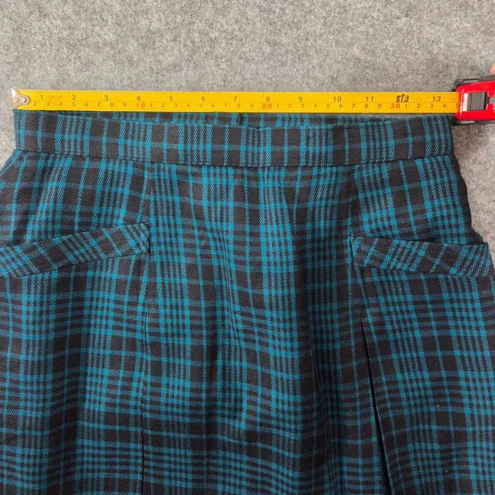 Pendleton Wool Plaid Skirt Teal Black Pleated A-Line Button Hem Vintage Style
